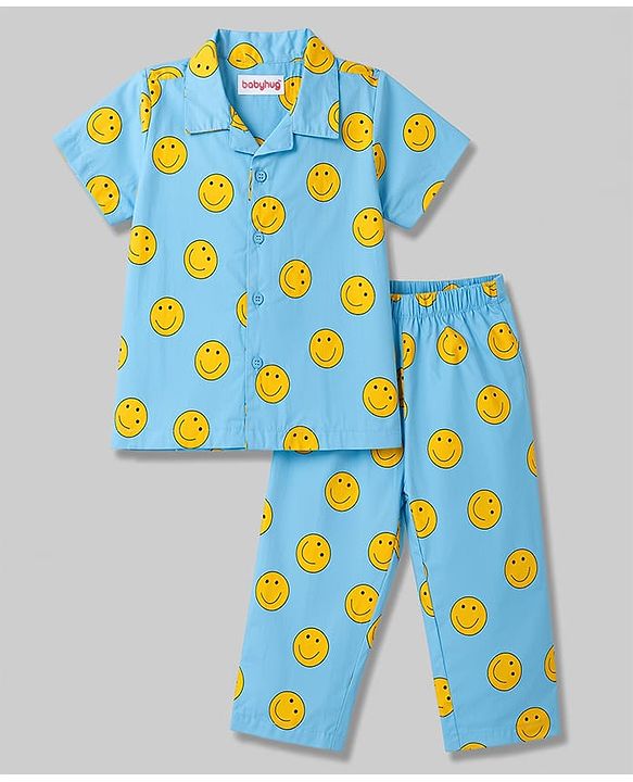 Babyhug Cotton Woven Front Open Half Sleeves Smiley Printed Shirt & Pyjama Night Suit - Blue