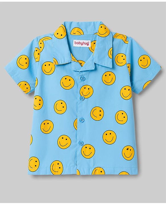 Babyhug Cotton Woven Front Open Half Sleeves Smiley Printed Shirt & Pyjama Night Suit - Blue