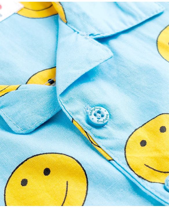 Babyhug Cotton Woven Front Open Half Sleeves Smiley Printed Shirt & Pyjama Night Suit - Blue