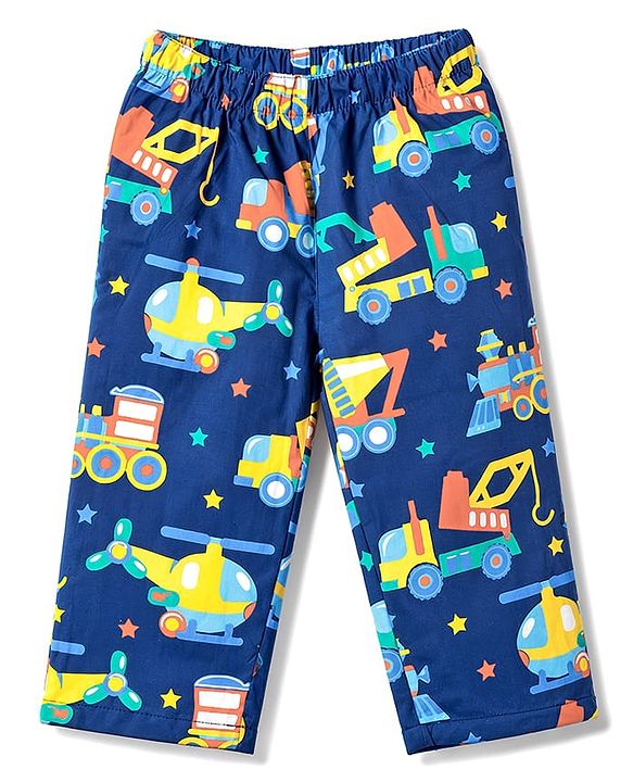 Babyhug Cotton Woven Half Sleeves Shirt & Pyjama Co-ord Night Suit with Vehicle Print - Navy Blue