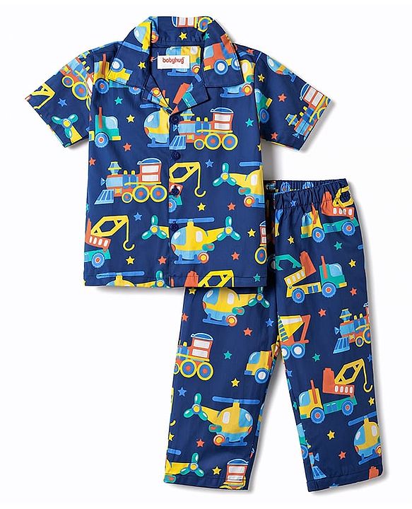 Babyhug Cotton Woven Half Sleeves Shirt & Pyjama Co-ord Night Suit with Vehicle Print - Navy Blue