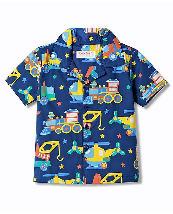 Babyhug Cotton Woven Half Sleeves Shirt & Pyjama Co-ord Night Suit with Vehicle Print - Navy Blue