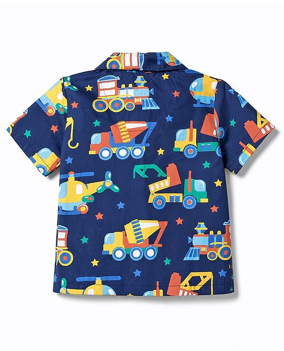 Babyhug Cotton Woven Half Sleeves Shirt & Pyjama Co-ord Night Suit with Vehicle Print - Navy Blue