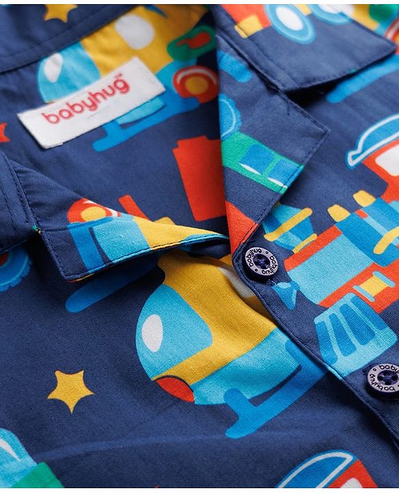 Babyhug Cotton Woven Half Sleeves Shirt & Pyjama Co-ord Night Suit with Vehicle Print - Navy Blue