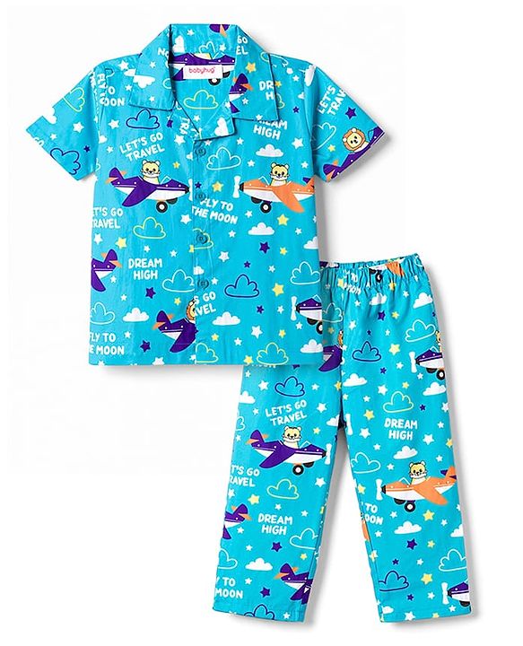 Babyhug Cotton Woven Half Sleeves Shirt & Pyjama Co-ord Night Suit with Animal Print - Blue