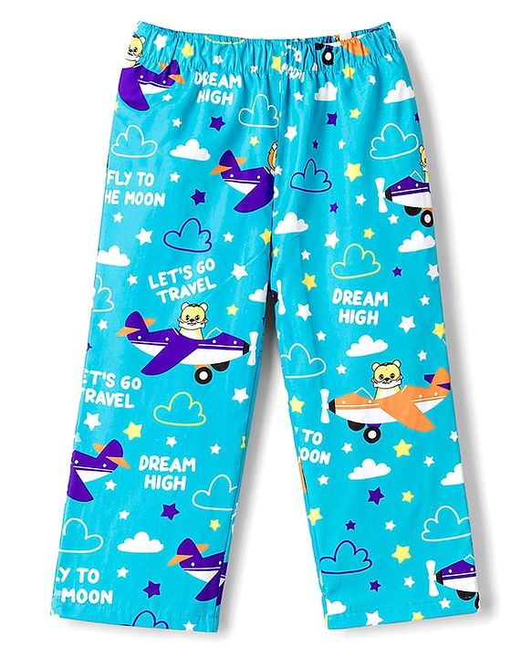 Babyhug Cotton Woven Half Sleeves Shirt & Pyjama Co-ord Night Suit with Animal Print - Blue