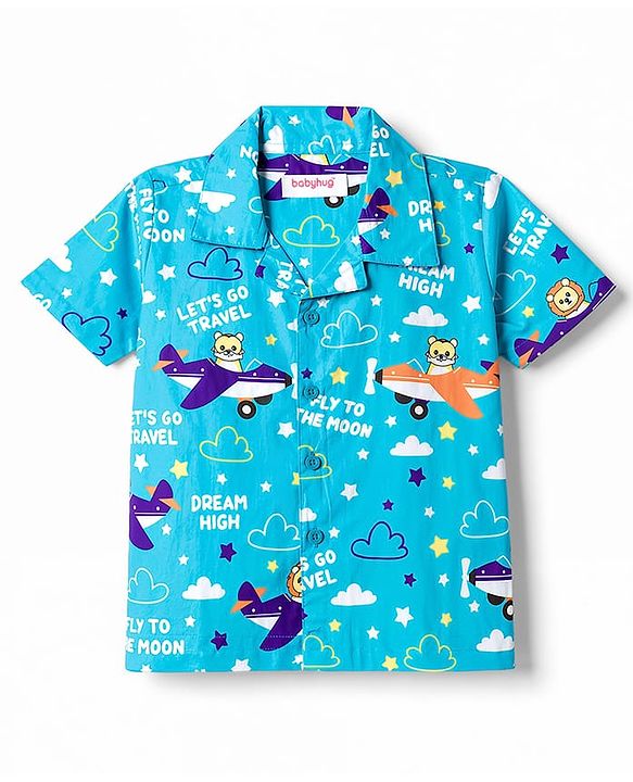 Babyhug Cotton Woven Half Sleeves Shirt & Pyjama Co-ord Night Suit with Animal Print - Blue