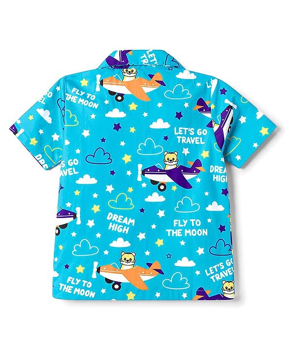 Babyhug Cotton Woven Half Sleeves Shirt & Pyjama Co-ord Night Suit with Animal Print - Blue