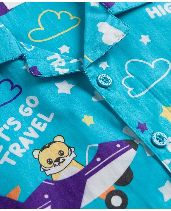 Babyhug Cotton Woven Half Sleeves Shirt & Pyjama Co-ord Night Suit with Animal Print - Blue