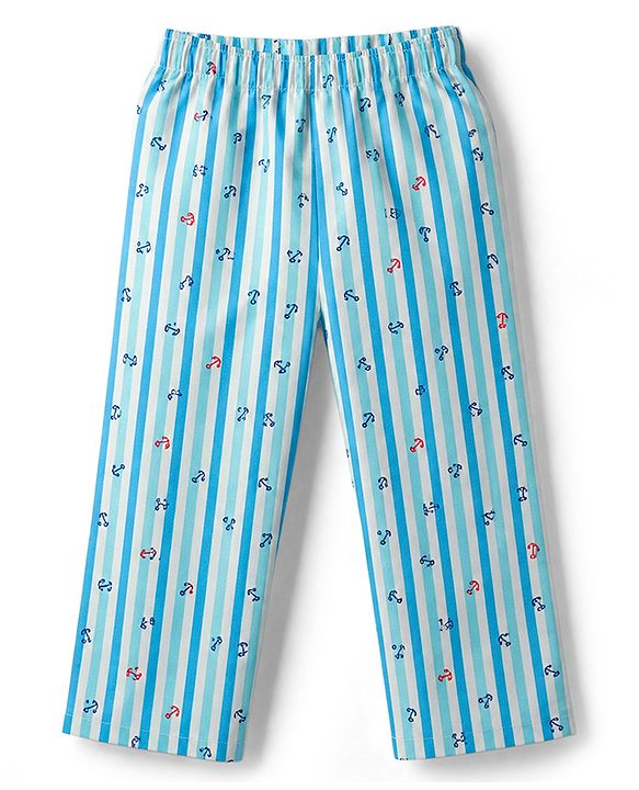 Babyhug Cotton Woven Front Open Half Sleeves Nautical Theme Printed Shirt & Pyjama Night Suit - Blue