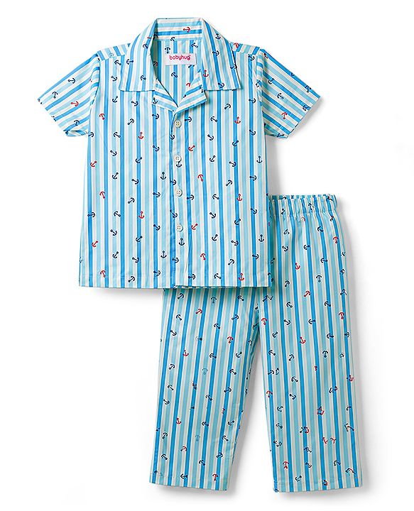 Babyhug Cotton Woven Front Open Half Sleeves Nautical Theme Printed Shirt & Pyjama Night Suit - Blue
