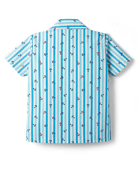 Babyhug Cotton Woven Front Open Half Sleeves Nautical Theme Printed Shirt & Pyjama Night Suit - Blue