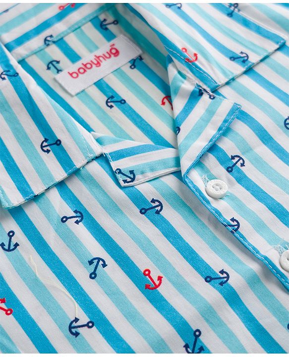 Babyhug Cotton Woven Front Open Half Sleeves Nautical Theme Printed Shirt & Pyjama Night Suit - Blue
