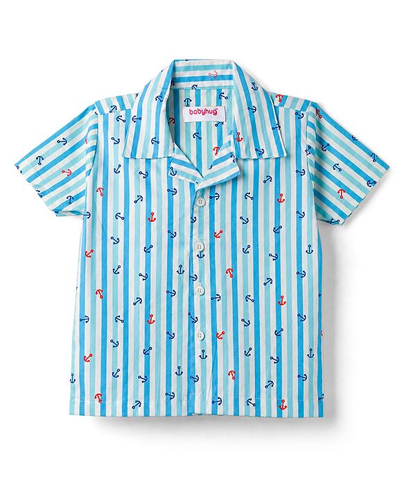 Babyhug Cotton Woven Front Open Half Sleeves Nautical Theme Printed Shirt & Pyjama Night Suit - Blue