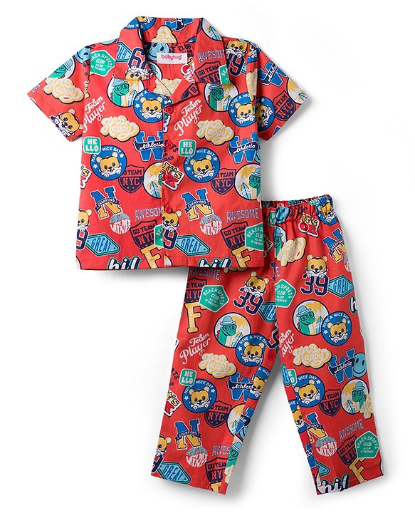 Babyhug Cotton Woven Front Open Half Sleeves Cub Printed Shirt & Pyjama Night Suit - Red
