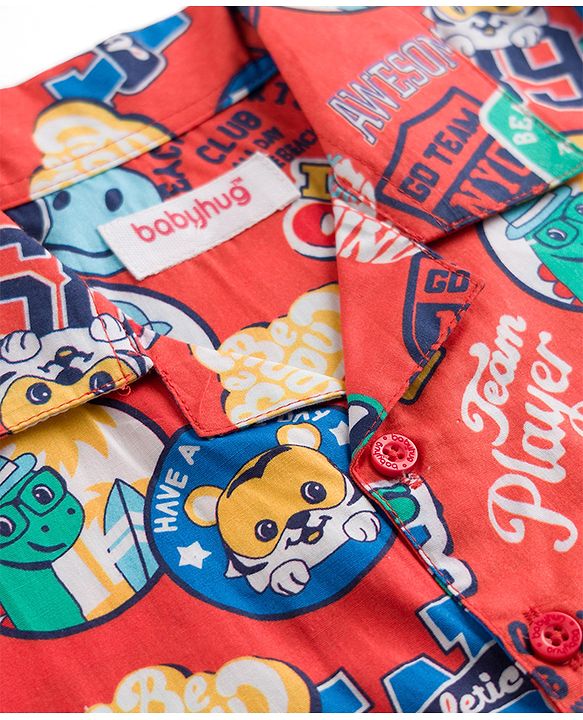 Babyhug Cotton Woven Front Open Half Sleeves Cub Printed Shirt & Pyjama Night Suit - Red