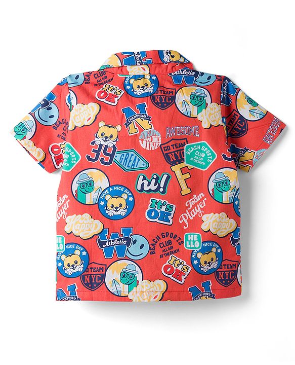 Babyhug Cotton Woven Front Open Half Sleeves Cub Printed Shirt & Pyjama Night Suit - Red