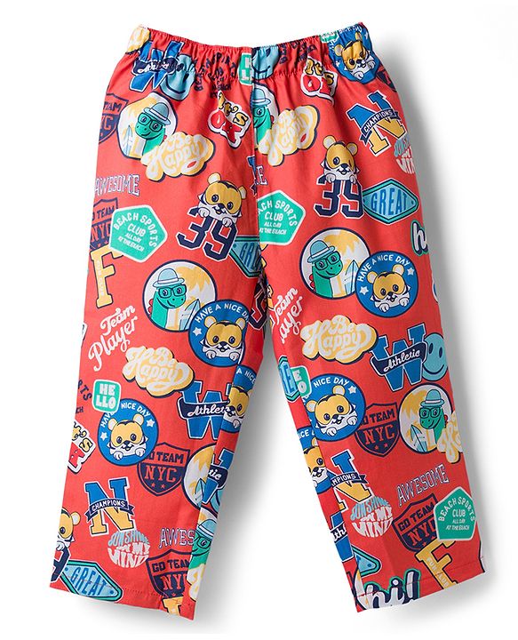 Babyhug Cotton Woven Front Open Half Sleeves Cub Printed Shirt & Pyjama Night Suit - Red