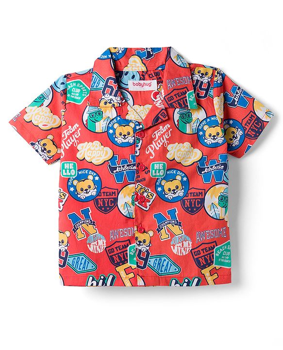 Babyhug Cotton Woven Front Open Half Sleeves Cub Printed Shirt & Pyjama Night Suit - Red