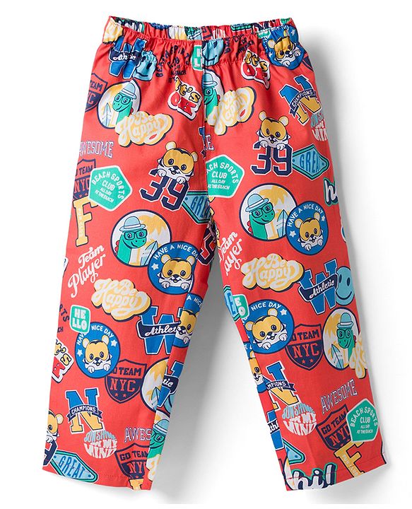 Babyhug Cotton Woven Front Open Half Sleeves Cub Printed Shirt & Pyjama Night Suit - Red
