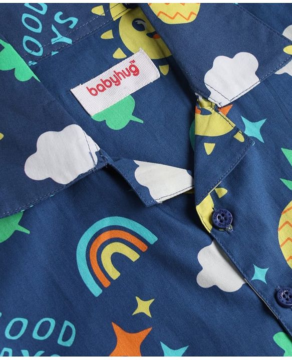 Babyhug Cotton Woven Half Sleeves Woven Half Sleeves Shirt & Pyjama Co-Ord Night Suit With Tropical Theme - Navy Blue