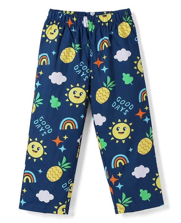 Babyhug Cotton Woven Half Sleeves Woven Half Sleeves Shirt & Pyjama Co-Ord Night Suit With Tropical Theme - Navy Blue