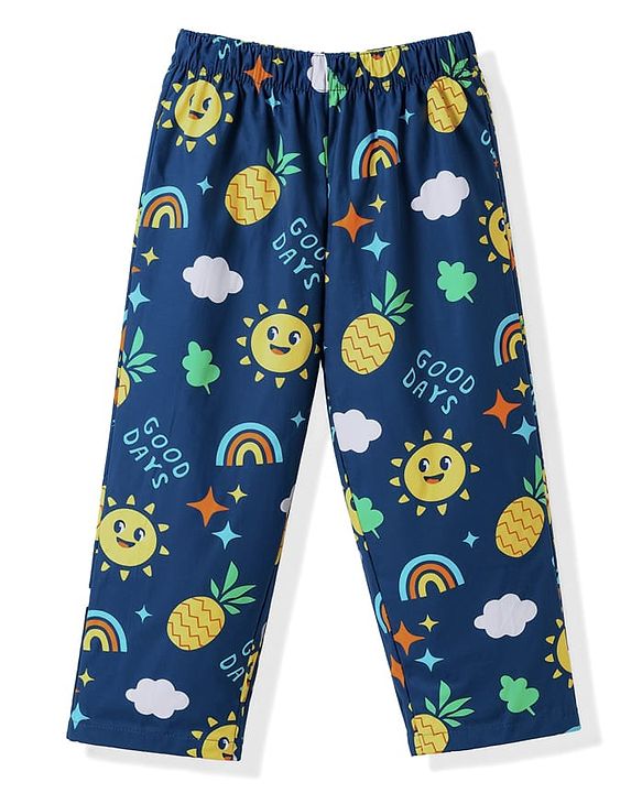 Babyhug Cotton Woven Half Sleeves Woven Half Sleeves Shirt & Pyjama Co-Ord Night Suit With Tropical Theme - Navy Blue