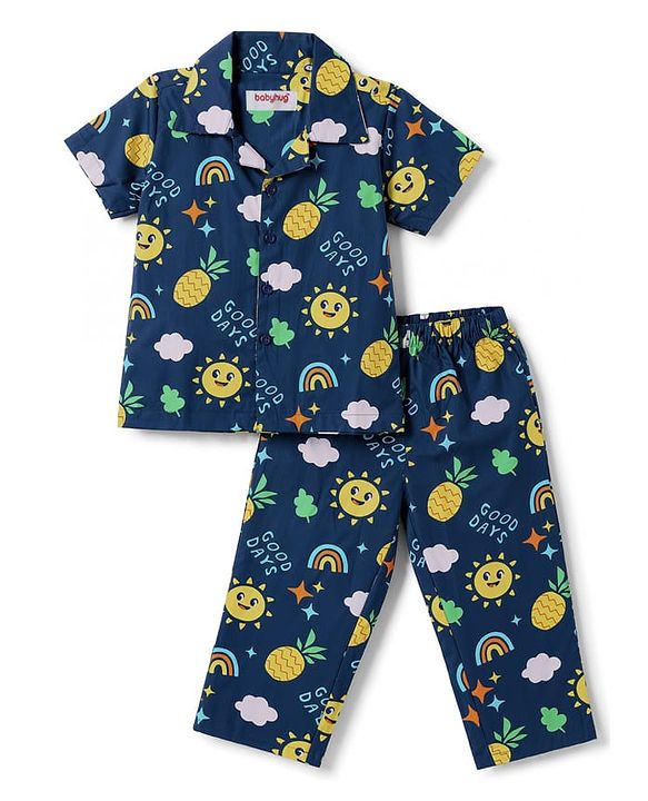 Babyhug Cotton Woven Half Sleeves Woven Half Sleeves Shirt & Pyjama Co-Ord Night Suit With Tropical Theme - Navy Blue