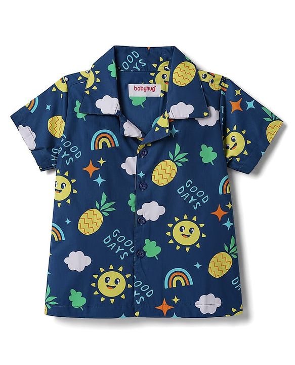 Babyhug Cotton Woven Half Sleeves Woven Half Sleeves Shirt & Pyjama Co-Ord Night Suit With Tropical Theme - Navy Blue