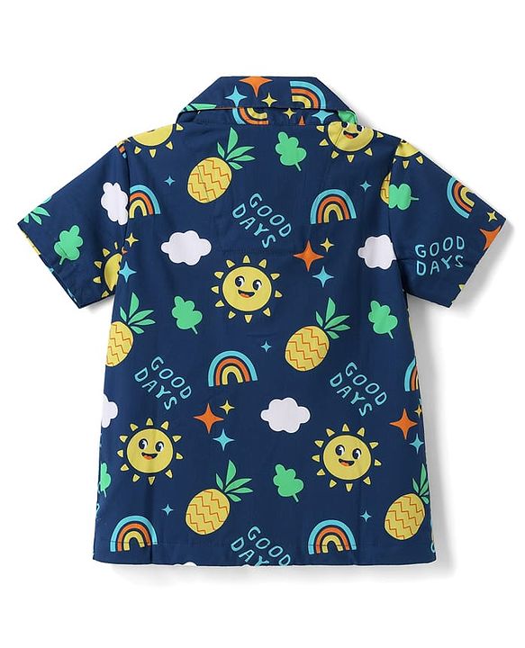 Babyhug Cotton Woven Half Sleeves Woven Half Sleeves Shirt & Pyjama Co-Ord Night Suit With Tropical Theme - Navy Blue