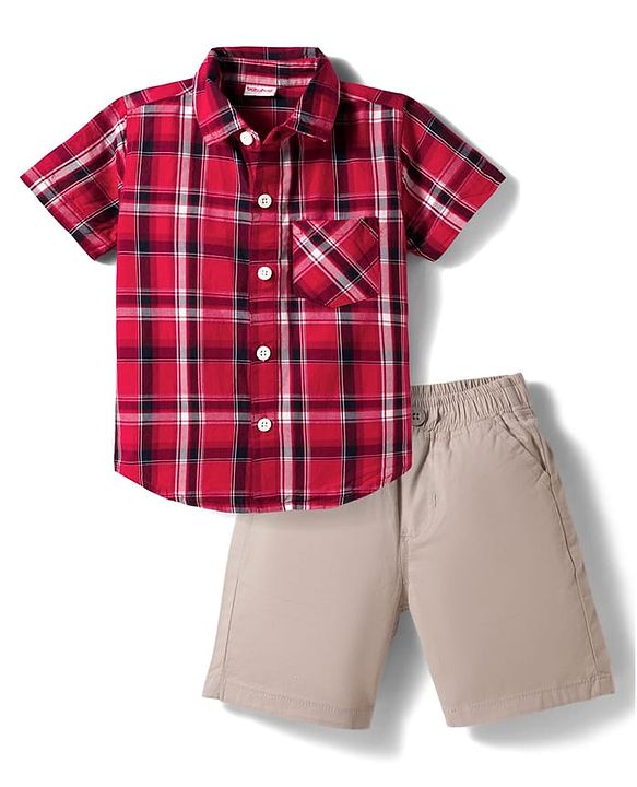 Babyhug Cotton Woven Half Sleeves Checked Shirt & Shorts Set - Red & Beige