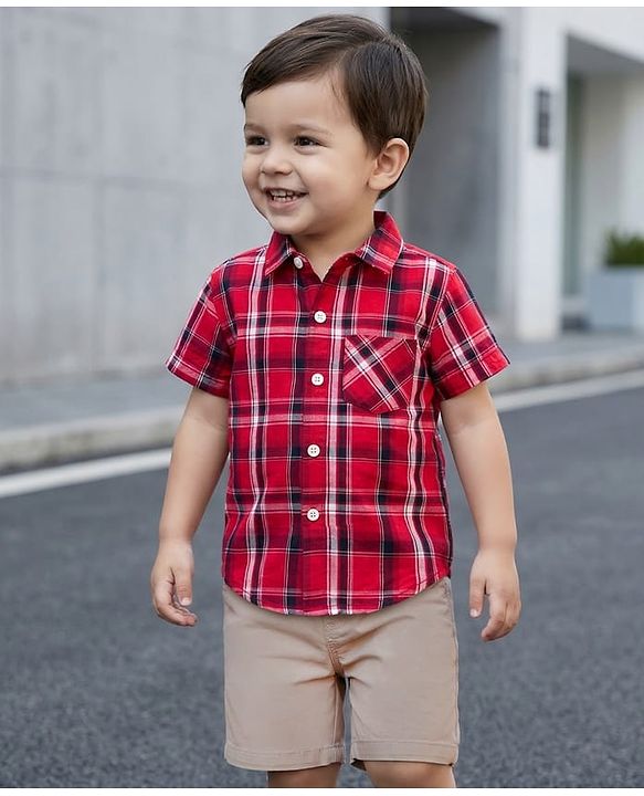 Babyhug Cotton Woven Half Sleeves Checked Shirt & Shorts Set - Red & Beige