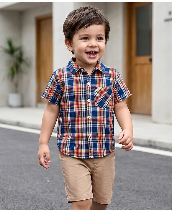 Babyhug Cotton Woven Half Sleeves Checked Shirt & Shorts Set - Multicolour