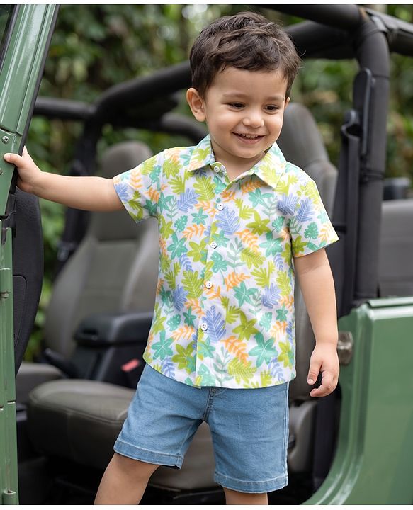 Babyhug Single Jersey Knit Half Sleeves Floral Printed Shirt & Shorts Set - Multicolour