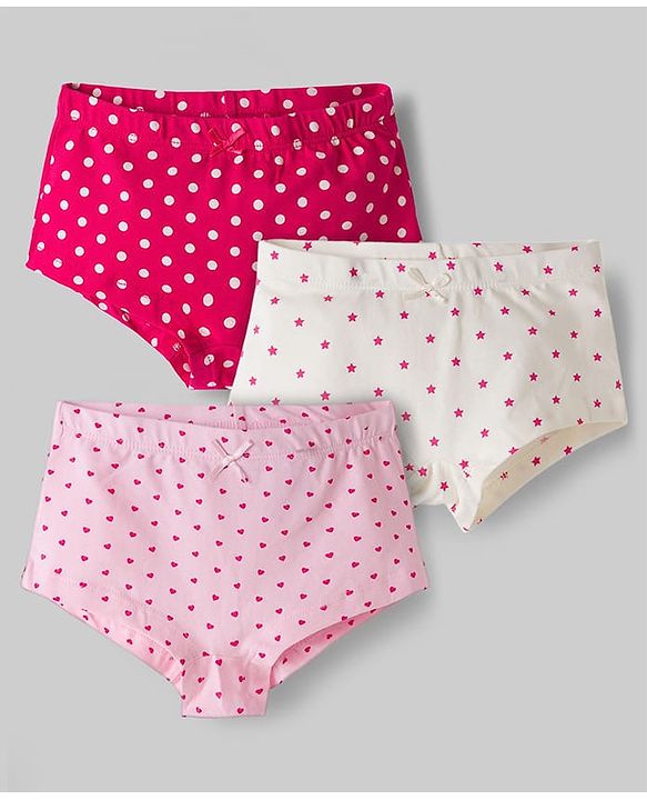 Pine Kids Cotton Elastane Knit Panties with Heart & Polka Dot Print Pack of 3 (Color May Vary)