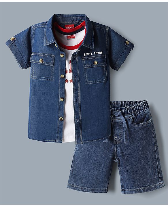 Babyhug Single Jersey Knit Denim Half Sleeves Shirt & Shorts Set With Text Print Inner Tee - Blue
