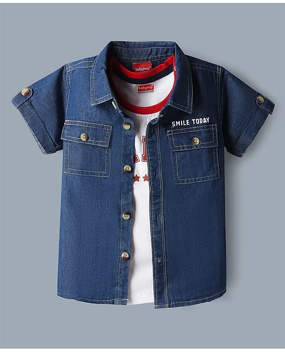 Babyhug Single Jersey Knit Denim Half Sleeves Shirt & Shorts Set With Text Print Inner Tee - Blue