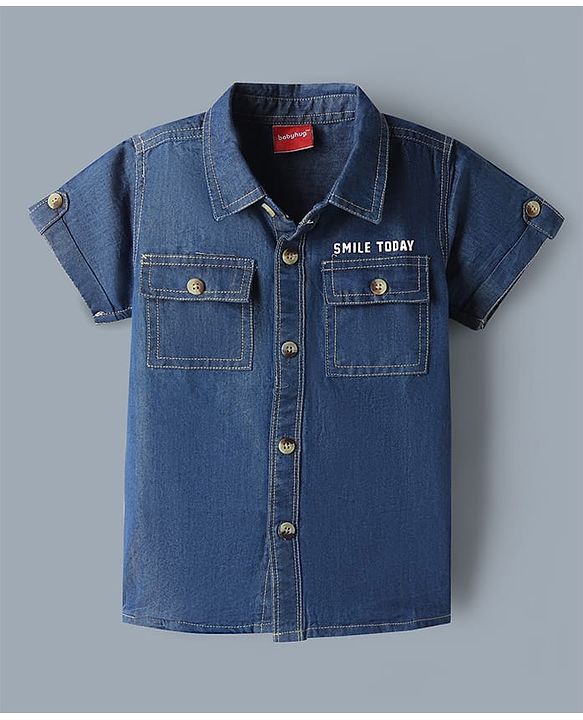 Babyhug Single Jersey Knit Denim Half Sleeves Shirt & Shorts Set With Text Print Inner Tee - Blue