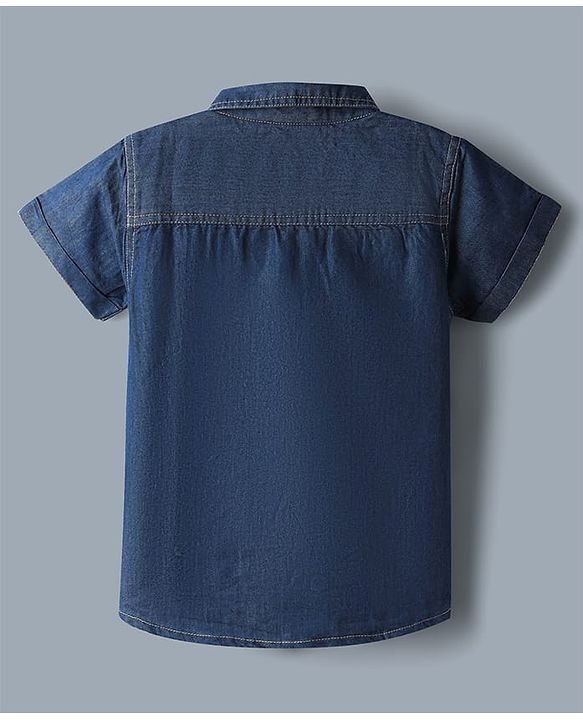 Babyhug Single Jersey Knit Denim Half Sleeves Shirt & Shorts Set With Text Print Inner Tee - Blue