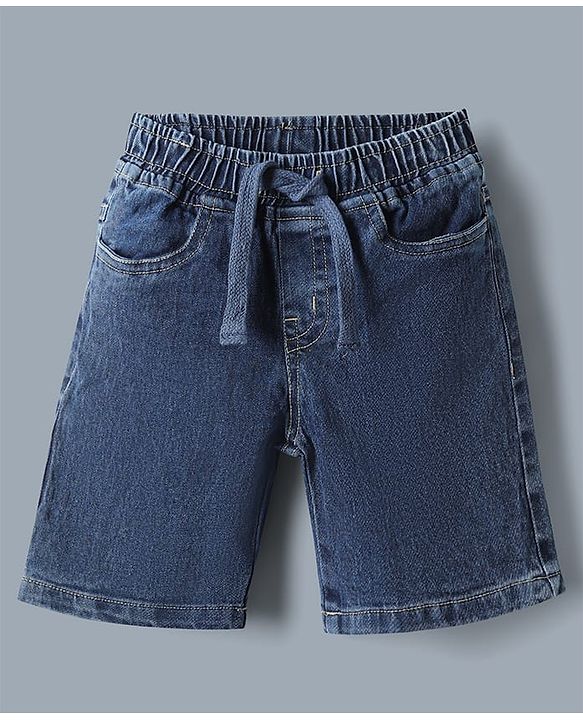 Babyhug Single Jersey Knit Denim Half Sleeves Shirt & Shorts Set With Text Print Inner Tee - Blue