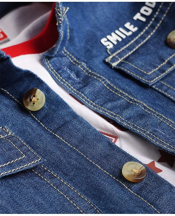 Babyhug Single Jersey Knit Denim Half Sleeves Shirt & Shorts Set With Text Print Inner Tee - Blue