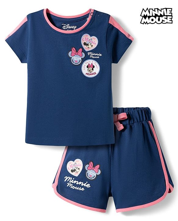 Babyhug Disney Single Jersey Knit Half Sleeves T-Shirt & Shorts Night Suit With Minnie Mouse Applique - Navy Blue