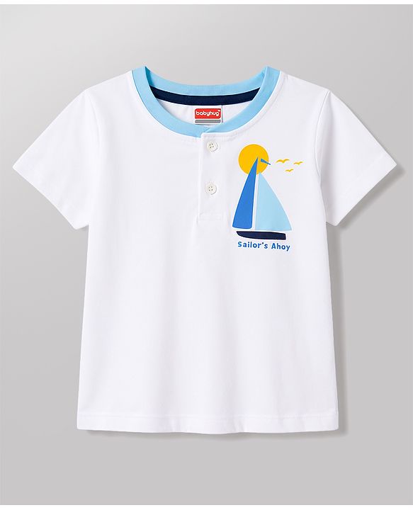 Babyhug Single Jersey Knit Half Sleeves T-Shirt & Denim Shorts Set With Front & Back Nautical Theme - White & Blue