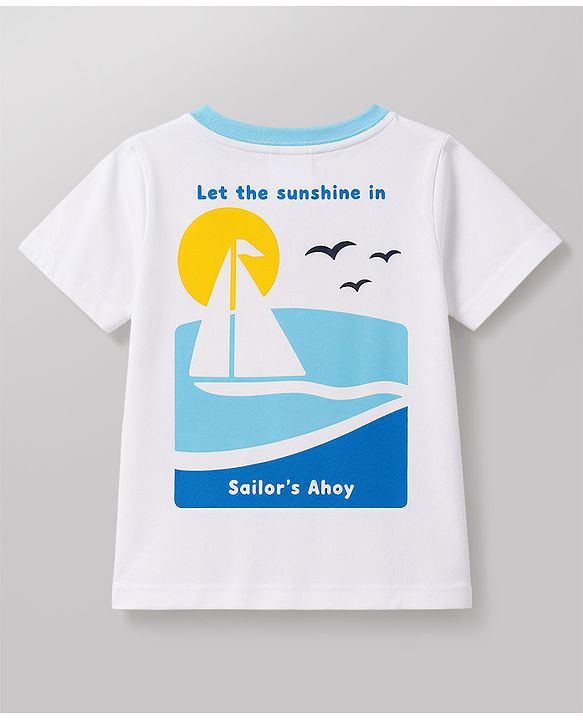 Babyhug Single Jersey Knit Half Sleeves T-Shirt & Denim Shorts Set With Front & Back Nautical Theme - White & Blue