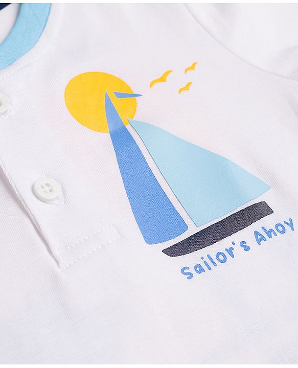 Babyhug Single Jersey Knit Half Sleeves T-Shirt & Denim Shorts Set With Front & Back Nautical Theme - White & Blue