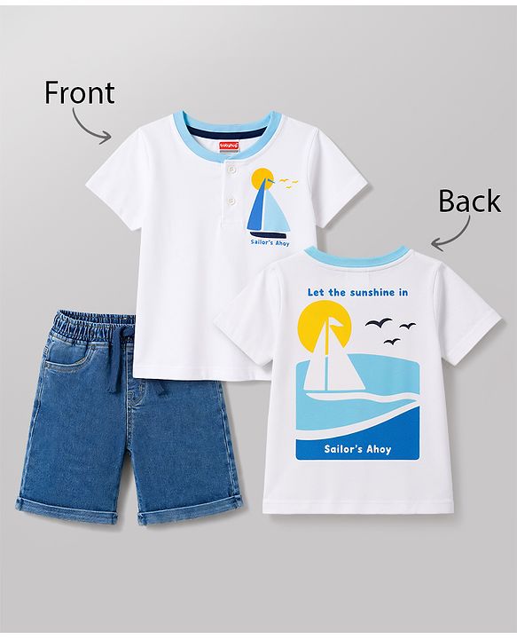 Babyhug Single Jersey Knit Half Sleeves T-Shirt & Denim Shorts Set With Front & Back Nautical Theme - White & Blue