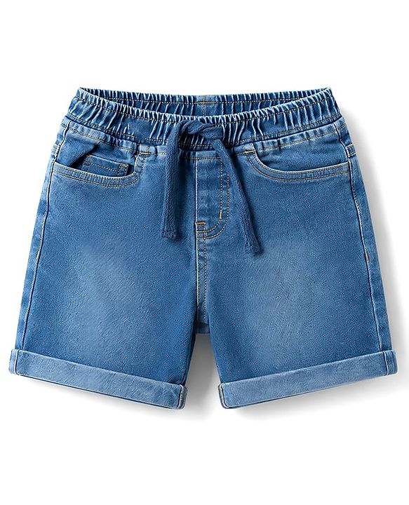 Babyhug Single Jersey Knit Half Sleeves T-Shirt & Denim Shorts With Front & Back Beach Theme - Charcoal Grey & Blue