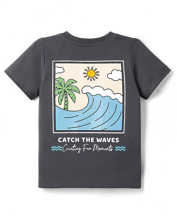 Babyhug Single Jersey Knit Half Sleeves T-Shirt & Denim Shorts With Front & Back Beach Theme - Charcoal Grey & Blue