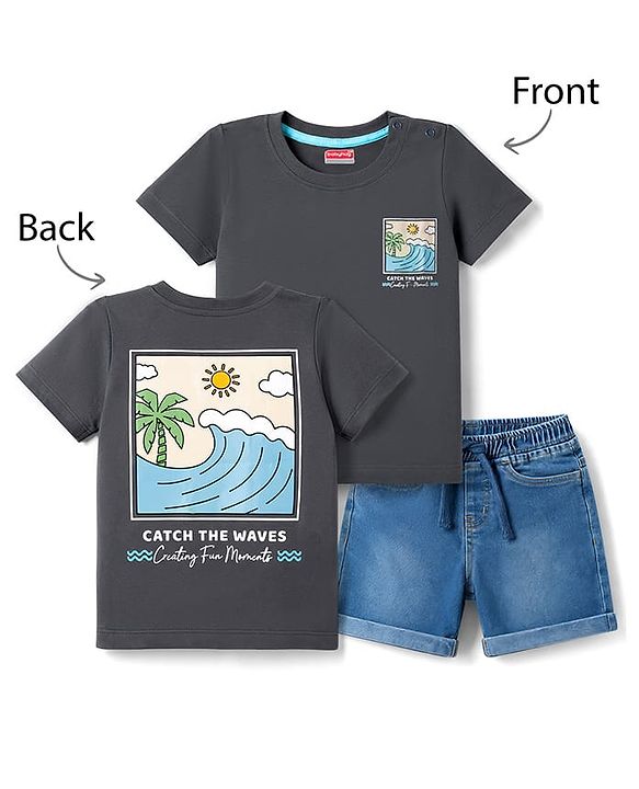 Babyhug Single Jersey Knit Half Sleeves T-Shirt & Denim Shorts With Front & Back Beach Theme - Charcoal Grey & Blue