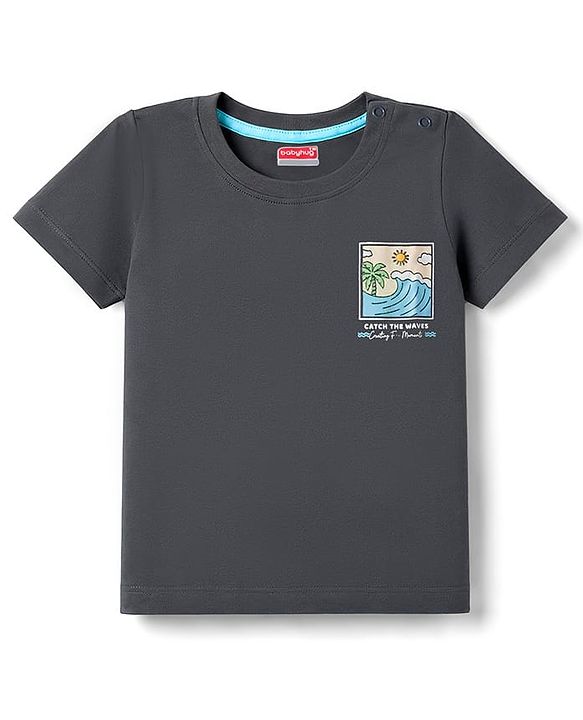 Babyhug Single Jersey Knit Half Sleeves T-Shirt & Denim Shorts With Front & Back Beach Theme - Charcoal Grey & Blue